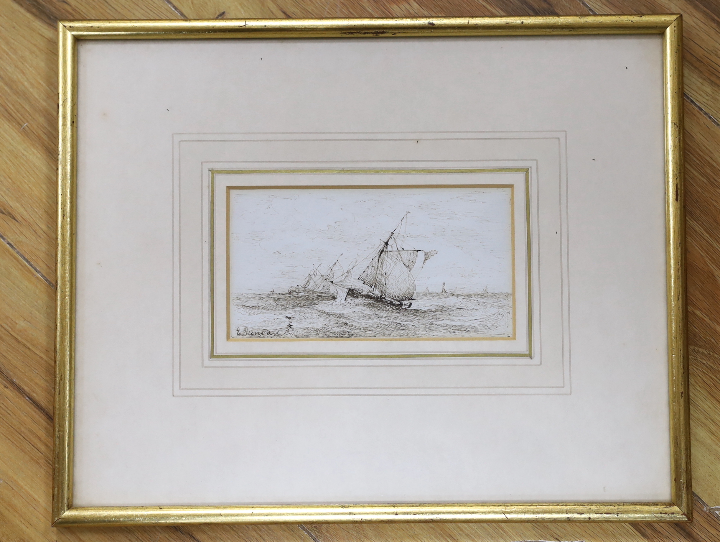 Edward Duncan RWS (1803-1882), pen and ink, Ships at sea, signed, 15 x 8cm